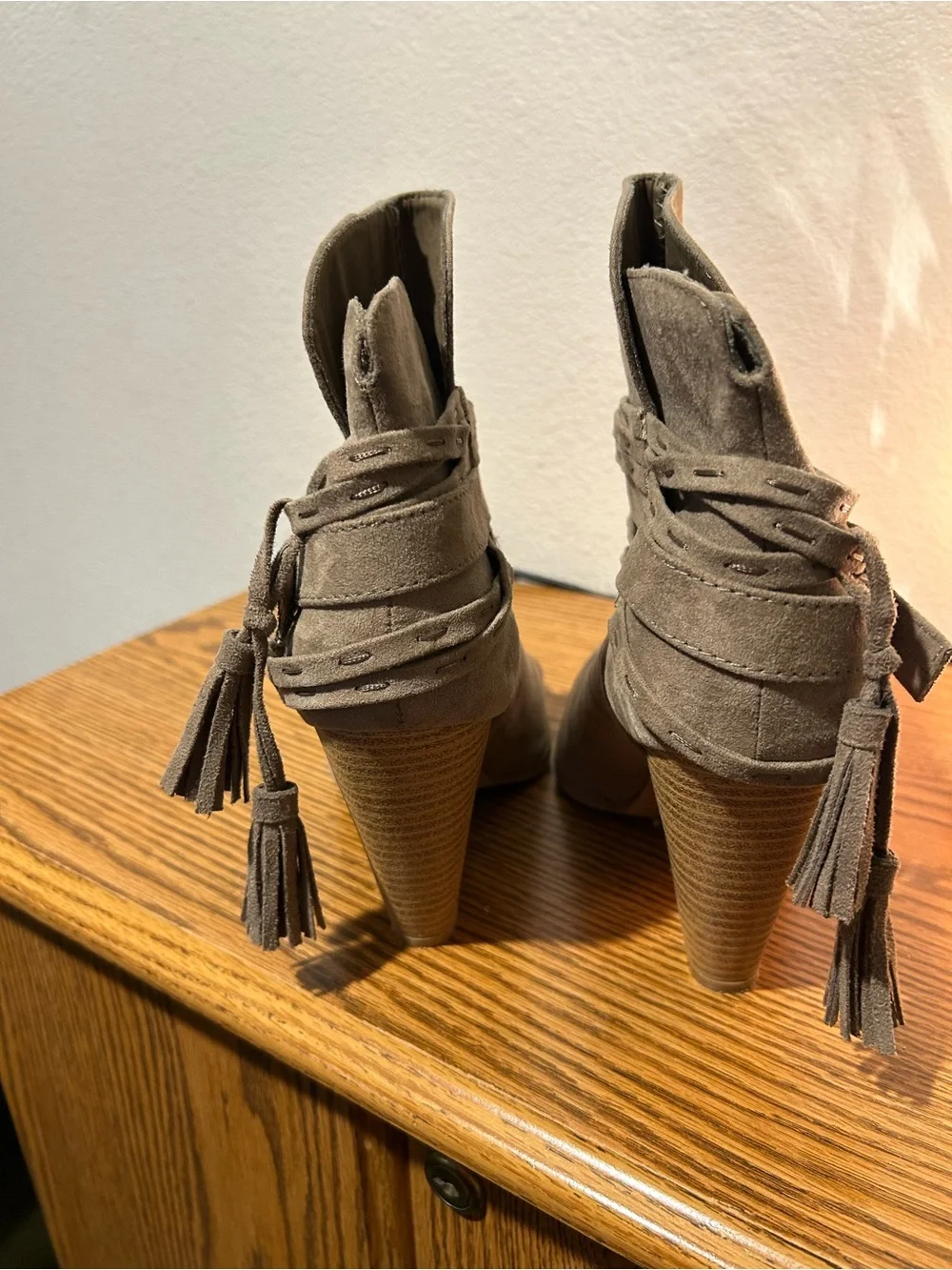 Qupid Taupe Suede Ankle Booties with Wrap Strap & Tassel